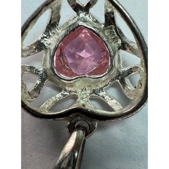 Estate Sterling Silver 925 Heart Pendant Pink Stone Filigree Design 2.6g - Picture 5 of 8